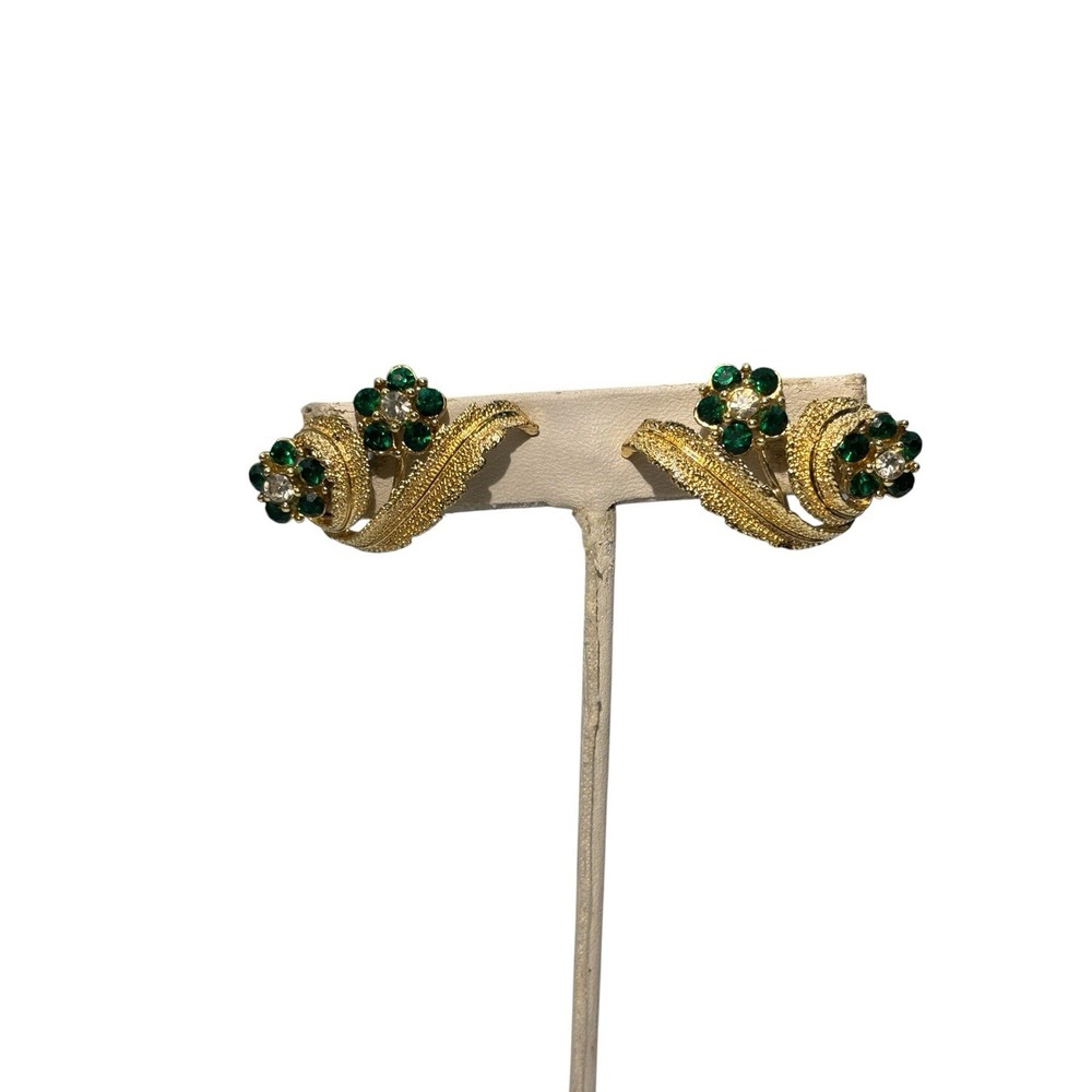 Vintage Coro Gold Tone Green Rhinestone Flowers Elegant Leaves Clip On Earrings